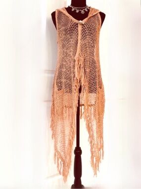 POL ~ Orangish/Rust Colored Crochet Knit Cover-Up Hoodie with Pockets